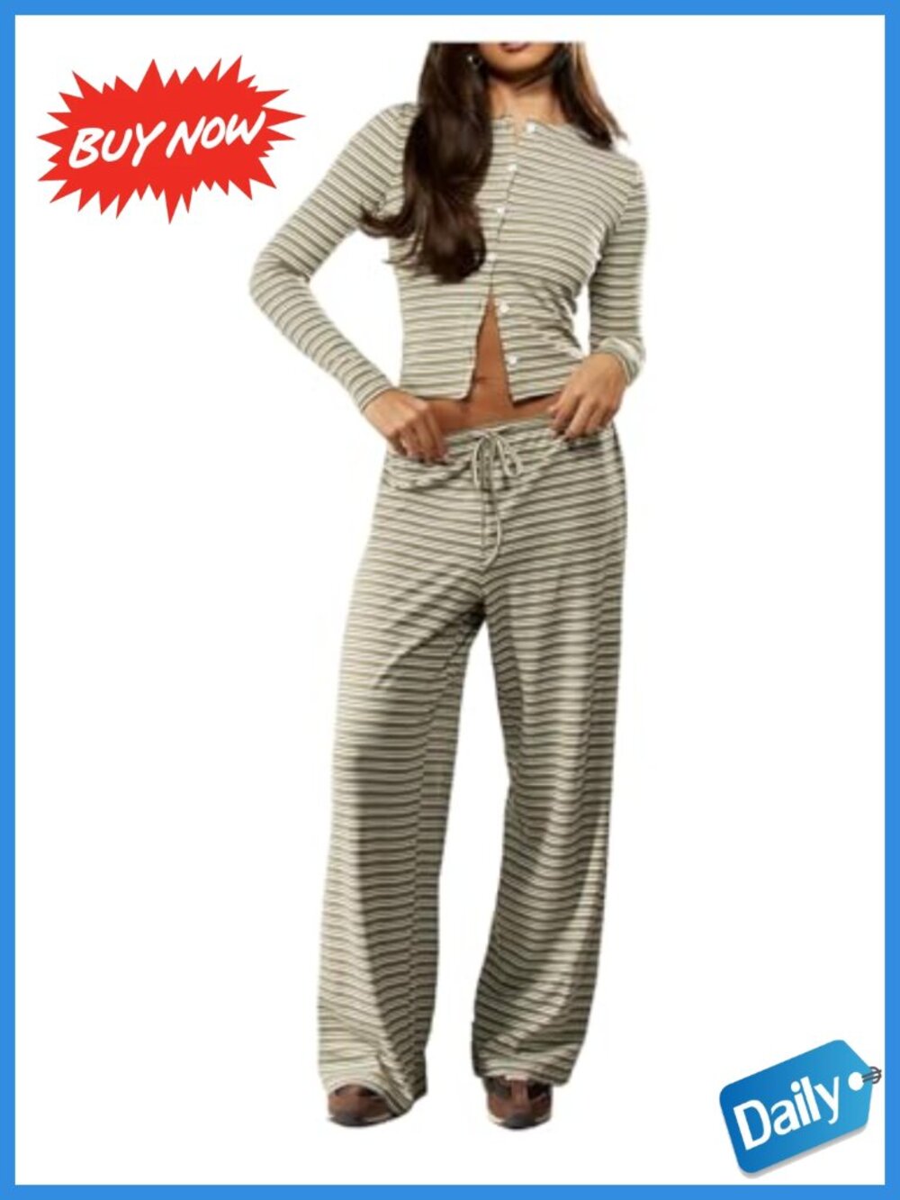 Striped 2 Piece Lounge Set Button Down Long Sleeve Knit Top & Wide Leg Pants